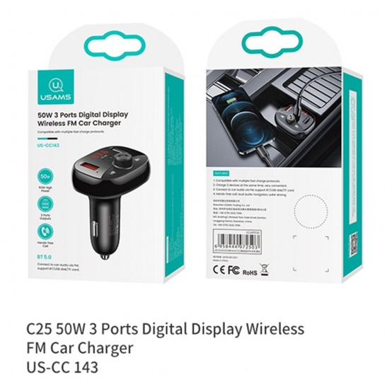 Modulator FM USAMS FM Modulator with Car Charger C25  - 1xType-C, 2xUSB-A, 50W, BT 5.0 - Black US-CC143