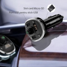 Modulator FM Yesido FM Modulator with Car Charger  - 2xUSB with LED Display, 3A, Micro SD Slot - Black Y39