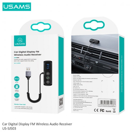 Modulator FM USAMS FM Modulator Bluetooth Car Receiver  - with Digital Display, BT 5.0 - Black US-SJ503