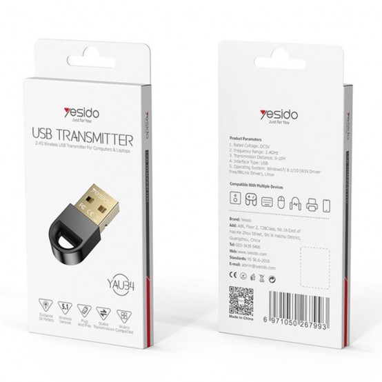 Adaptor Bluetooth Yesido USB Transmitter  - USB to Bluetooth, for Computer, Laptop - Black YAU34