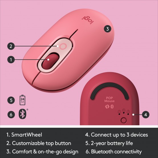 Mouse Logitech POP Bluetooth Mouse - Heartbreaker-Rose 910-006548