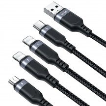 Cablu JoyRoom Data Cable 4in1  - USB to 2x Lightning, Type-C, Micro-USB, 3.5A, 1.2m - Black S-1T4018A18