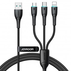 Cablu JoyRoom Data Cable 3in1  - USB to Lightning, Type-C, Micro-USB, LED Light, 3.5A, 480Mbps, 1.2m - Black SA33-1T3