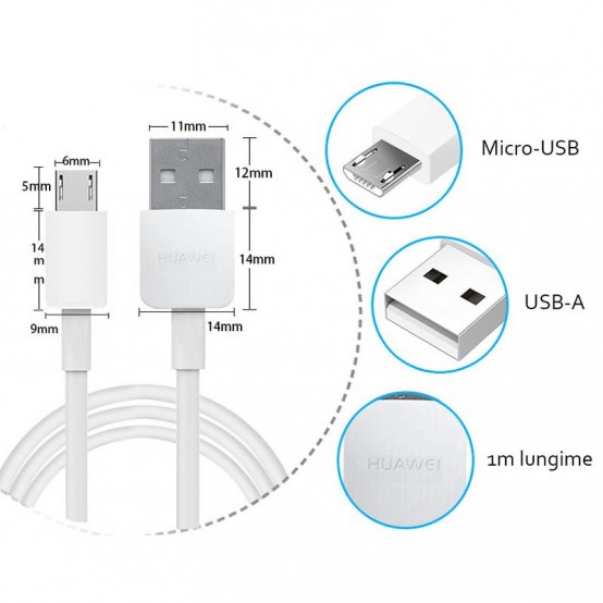 Cablu Huawei Original Data Cable  - USB to Micro-USB, 2A, 1m - White (Bulk Packing) C02450768A