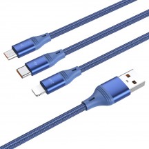 Cablu Hoco Data Cable 3in1 Ultra  - USB-A to Lightning, Type-C, Micro-USB, 66W, 6A, 1.2m - Blue U104