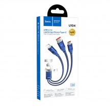 Cablu Hoco Data Cable 3in1 Ultra  - USB-A to Lightning, Type-C, Micro-USB, 66W, 6A, 1.2m - Blue U104