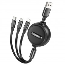 Cablu Hoco Data Cable Double-Pull  - 3in1 USB-A to Type-C, Lightning, Micro-USB, Retractable, 2A, 1m - Black X75