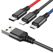 Cablu Hoco Data Cable Super  - 3in1 USB-A to Type-C, Lightning, Micro-USB, 2A, 1m - Black/Red/Blue X76