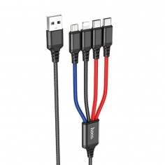 Cablu Hoco Data Cable Super  - 4in1 USB-A to 2 x Type-C, Lightning, Micro-USB, 2A, 1m - Black/Red/Blue X76