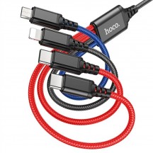 Cablu Hoco Data Cable Super  - 4in1 USB-A to 2 x Type-C, Lightning, Micro-USB, 2A, 1m - Black/Red/Blue X76