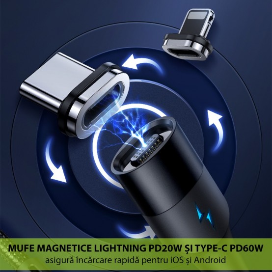 Cablu USAMS Data Cable U66 Magnetic - Type-C to Lightning 20W, Type-C 60W, PD, Fast Charge, 1.2m - Blue