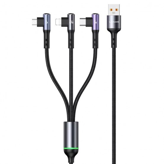 Cablu USAMS Data Cable 3in1 U80  - USB to Angled Type-C, Lightning, Micro-USB, 66W - Black US-SJ561