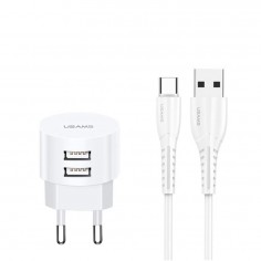 Alimentator USAMS Travel Charging Set  - T20 Dual USB Round Travel Charger with U35 Type-C data cable, 1m - White XTXLOGT18TC05