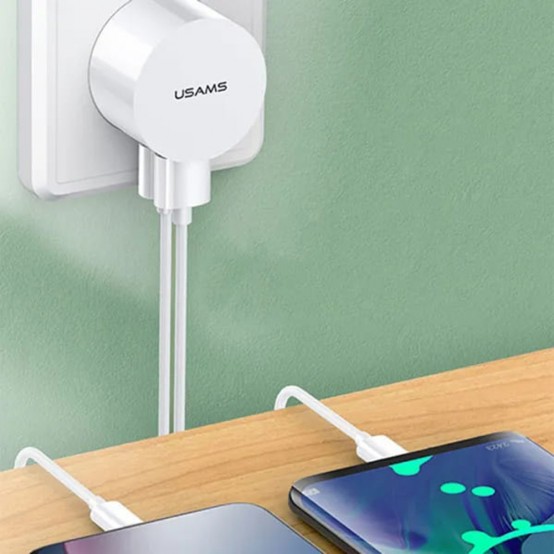 Alimentator USAMS Travel Charging Set  - T20 Dual USB Round Travel Charger with U35 Type-C data cable, 1m - White XTXLOGT18TC05