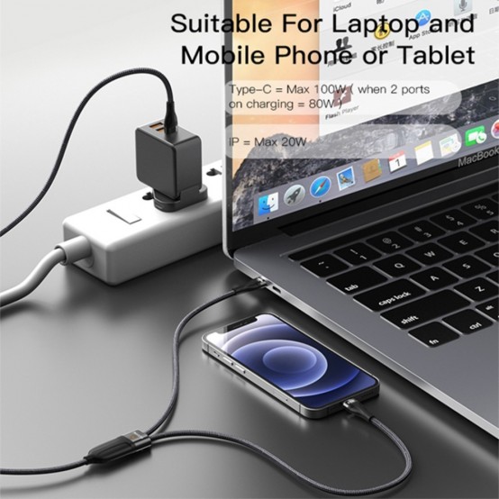 Cablu Yesido Data Cable  - Type-C to Type-C, Lightning, 100W, 480Mbps, 1.4m - Black CA87