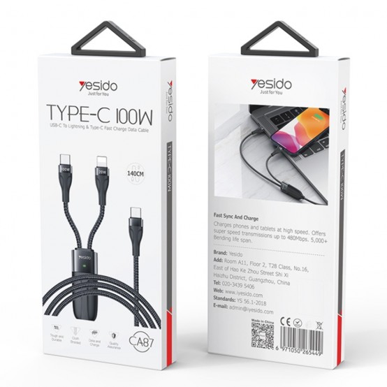 Cablu Yesido Data Cable  - Type-C to Type-C, Lightning, 100W, 480Mbps, 1.4m - Black CA87