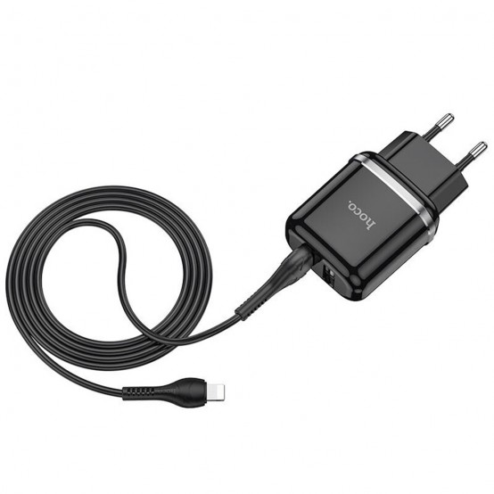 Alimentator Hoco Wall Charger Aspiring  - 2xUSB-A, 12W, 2.4A with Cable USB-A to Lightning, 1m - Black N4