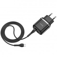 Alimentator Hoco Wall Charger Aspiring  - 2xUSB-A, 12W, 2.4A with Cable USB-A to Micro-USB, 1m - Black N4