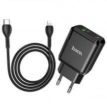 Alimentator Hoco Wall Charger Favor  - USB-A, USB Type-C, Q.C 3.0, PD 20W, 3A with Cable USB Type-C to Lightning, 1m - Black N5