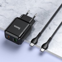 Alimentator Hoco Wall Charger Favor  - USB-A, USB Type-C, Q.C 3.0, PD 20W, 3A with Cable Type-C to Type-C, 1m - Black N5