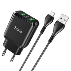 Alimentator Hoco Wall Charger Charmer  - 2xUSB-A, 18W, 3A with Cable USB-A to USB Micro-USB, 1m - Black N6