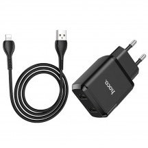 Alimentator Hoco Wall Charger Speedy  - 2xUSB-A, 10W, 2.1A with Cable USB-A to Lightning, 1m - Black N7