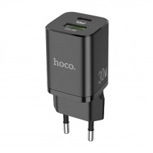 Alimentator Hoco Wall Charger Bright  - USB-A, USB Type-C, QC 3.0, 30W, 2.4A with Cable Type-C to Lightning, 1m - Black N13