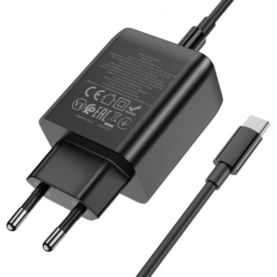 Alimentator Hoco Wall Charger Phenomenon  - USB-A, 2xUSB Type-C, QC 3.0, PD 65W, 3A with Cable Type-C to Type-C, 1m - Black N18