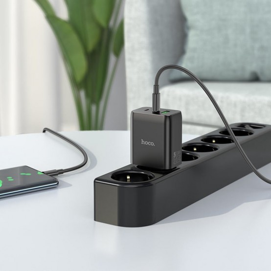 Alimentator Hoco Wall Charger Phenomenon  - USB-A, 2xUSB Type-C, QC 3.0, PD 65W, 3A with Cable Type-C to Type-C, 1m - Black N18