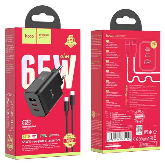 Alimentator Hoco Wall Charger Phenomenon  - USB-A, 2xUSB Type-C, QC 3.0, PD 65W, 3A with Cable Type-C to Type-C, 1m - Black N18