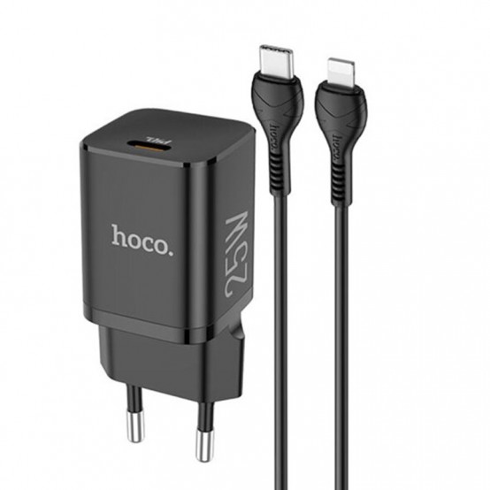 Alimentator Hoco Wall Charger Rigorous  - USB Type-C, QC 3.0, 25W, 3A with Cable Type-C to Lightning, 1m - Black N19