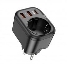 Alimentator Hoco Wall Charger with Socket Adapter  - EU Plug to EU Plug, 2xUSB-A, USB Type-C, QC 3.0, 3A, PD 20W - Black NS3