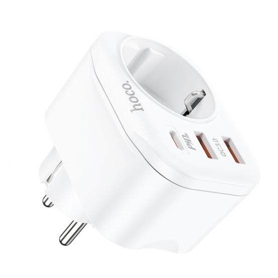 Alimentator Hoco Wall Charger with Socket Adapter  - EU Plug to EU Plug, 2xUSB-A, USB Type-C, QC 3.0, 3A, PD 20W - White NS3
