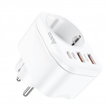 Alimentator Hoco Wall Charger with Socket Adapter  - EU Plug to EU Plug, 2xUSB-A, USB Type-C, QC 3.0, 3A, PD 20W - White NS3