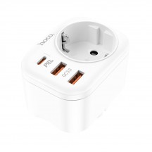 Alimentator Hoco Wall Charger with Socket Adapter  - EU Plug to EU Plug, 2xUSB-A, USB Type-C, QC 3.0, 3A, PD 20W - White NS3