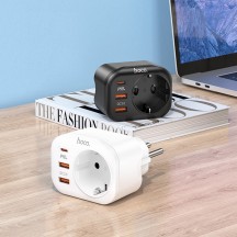 Alimentator Hoco Wall Charger with Socket Adapter  - EU Plug to EU Plug, 2xUSB-A, USB Type-C, QC 3.0, 3A, PD 20W - White NS3