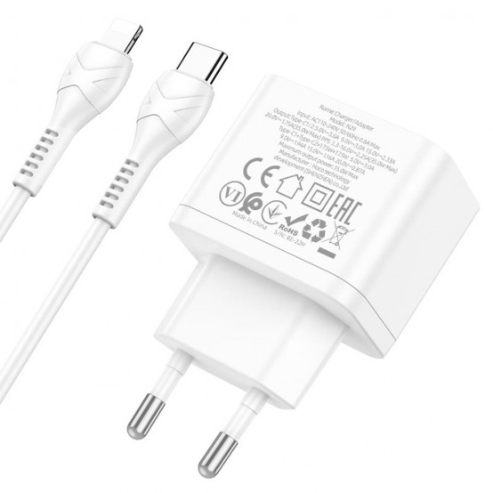 Alimentator Hoco Wall Charger Triumph  - Dual Port Type-C, 35W with Cable USB-C to Lightning - White N29