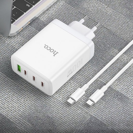 Alimentator Hoco Wall Charger Leader  - USB, 3x Type-C, Fast Charging, 100W with Cable Type-C - White N31