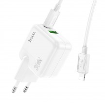 Alimentator Hoco Wall Charger Lucky  - Fast Charge USB, Type-C 30W with Cable Type-C to Lightning - White C111A