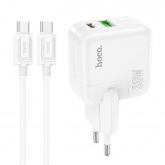 Alimentator Hoco Wall Charger Lucky  - Fast Charge USB, Type-C 30W with Cable Type-C to Type-C - White C111A