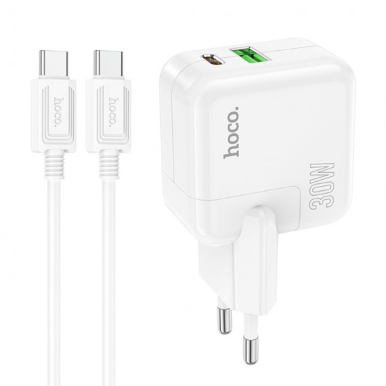 Alimentator Hoco Wall Charger Lucky  - Fast Charge USB, Type-C 30W with Cable Type-C to Type-C - White C111A