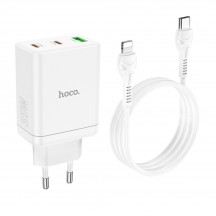 Alimentator Hoco Wall Charger Start  - USB, 2x Type-C, PD35W with Cable Type-C to Lightning - White N33