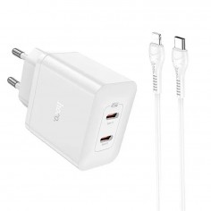 Alimentator Hoco Wall Charger Streamer  - Dual Port 2x Type-C PD45W with Cable Type-C to Lightning - White N35