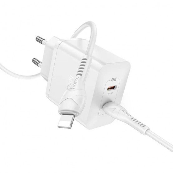 Alimentator Hoco Wall Charger Streamer  - Dual Port 2x Type-C PD45W with Cable Type-C to Lightning - White N35
