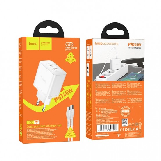 Alimentator Hoco Wall Charger Streamer  - Dual Port 2x Type-C PD45W with Cable Type-C to Type-C - White N35