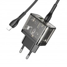 Alimentator Hoco Wall Charger Dazzling  - USB, Type-C, QC3.0, 20W, with Cable Type-C to Lightning, 1m - Transparent Black N34