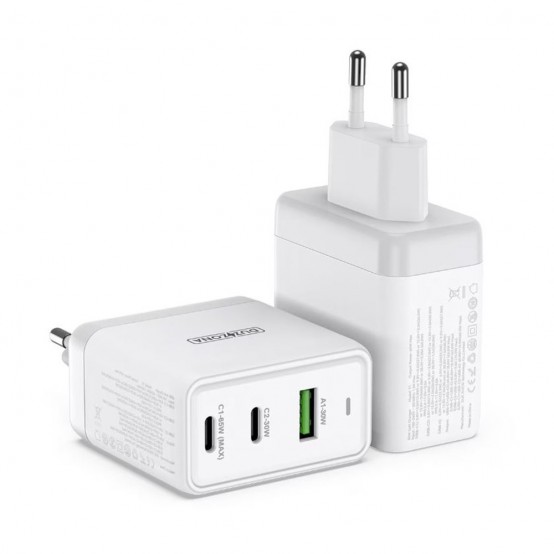 Alimentator  Wall Charger 3in1  - USB, 2x Type-C, GaN Fast Charging 65W - White T1