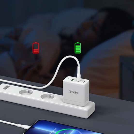 Alimentator  Wall Charger 3in1  - USB, 2x Type-C, GaN Fast Charging 65W - White T1