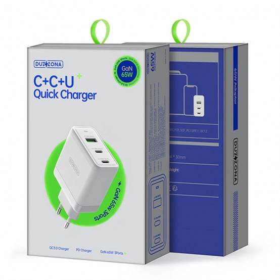 Alimentator  Wall Charger 3in1  - USB, 2x Type-C, GaN Fast Charging 65W - White T1