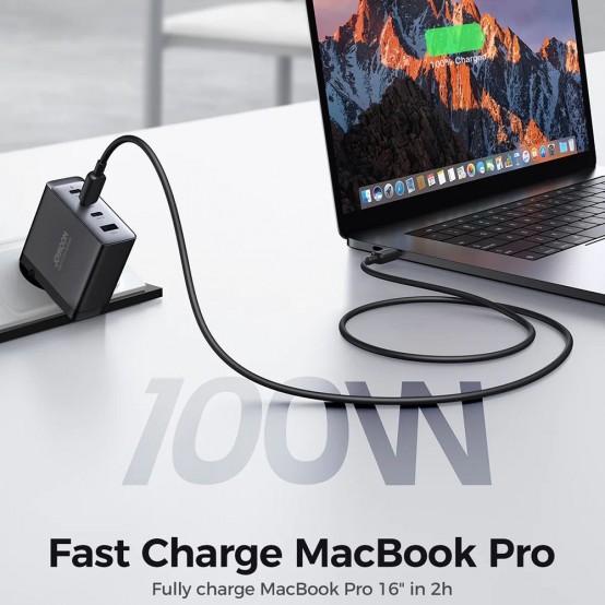 Alimentator JoyRoom Wall Charger  - GaN, USB, 3x Type-C, Super Fast Charging 100W, with Cable Type-C,  100W, 1.2m - Black JR-TC
